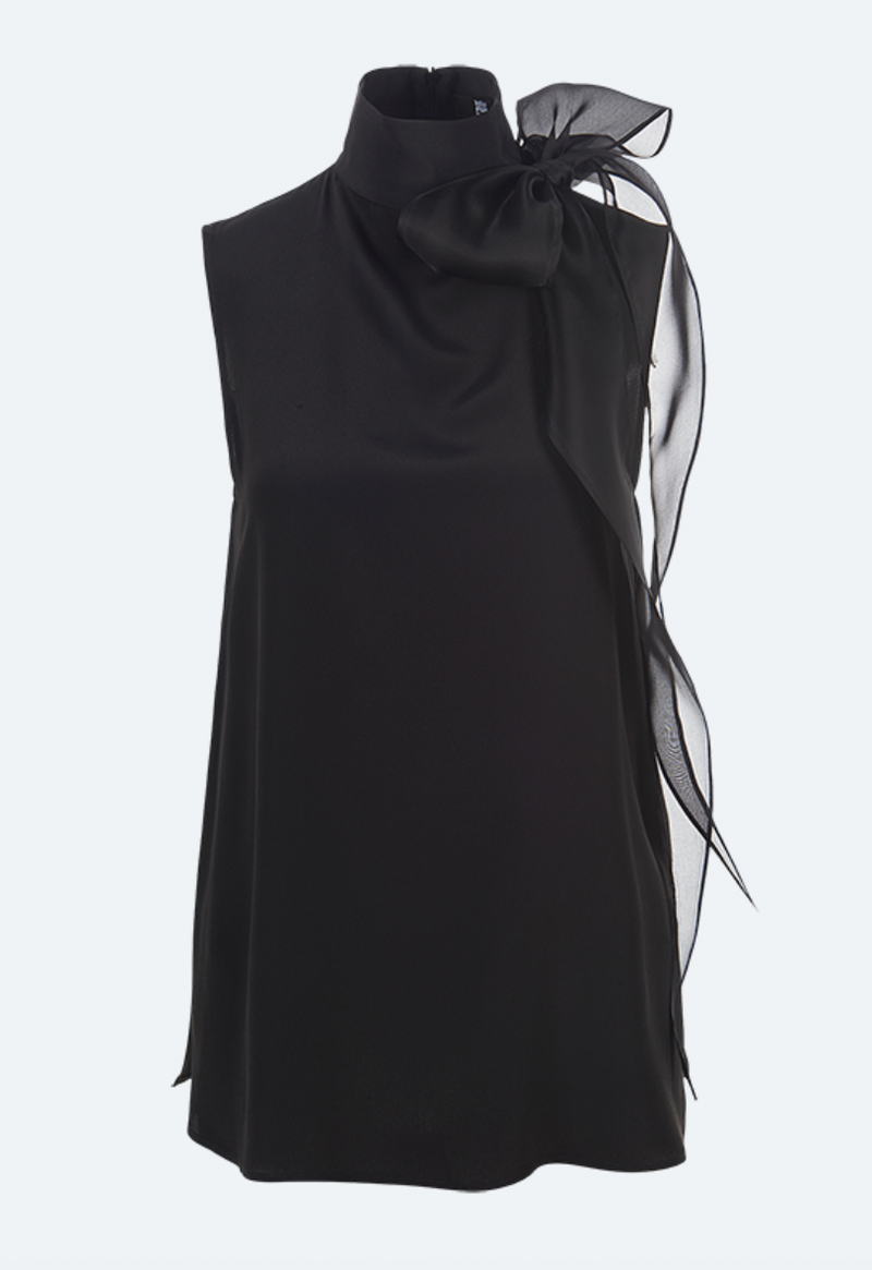 Silky Crepe Blouse with Bow-Black