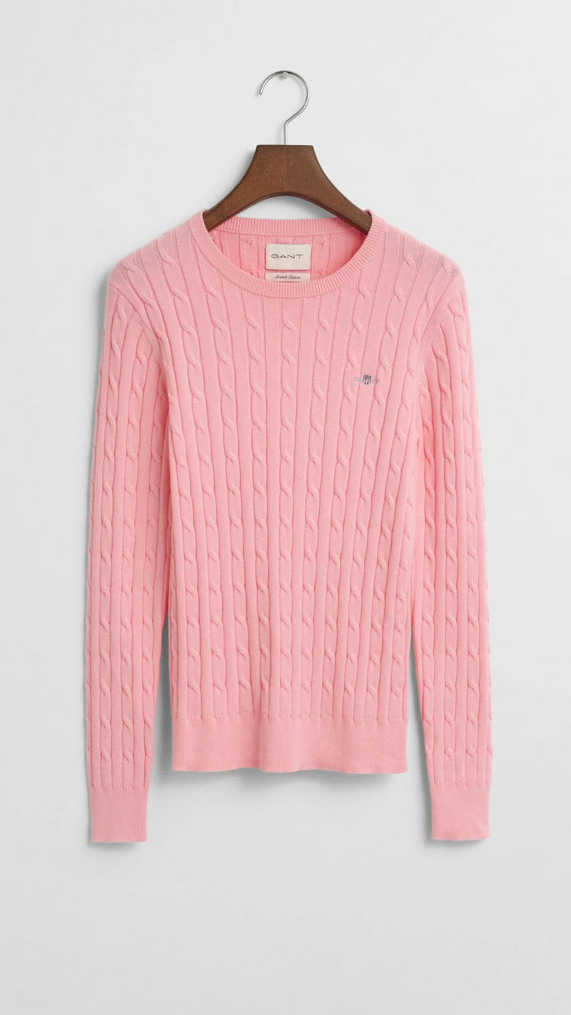 Stretch Cotton Cable Knit Crew Neck Sweater