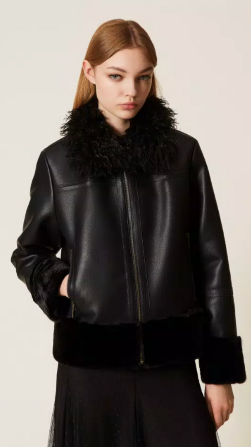 Faux leather jacket with faux fur