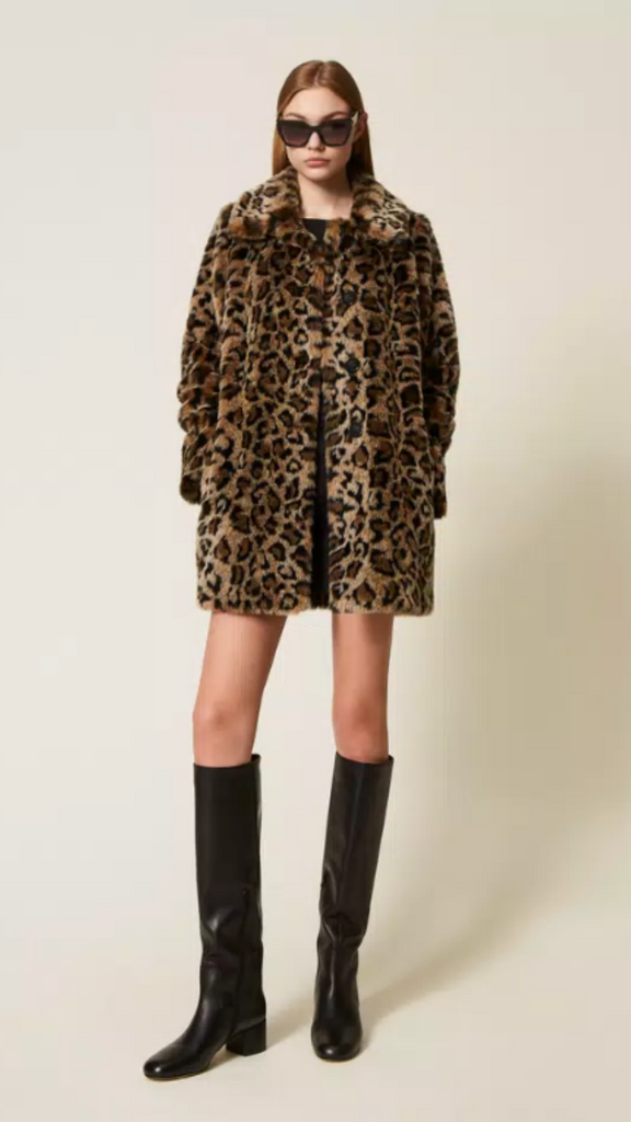 Animal print faux fur coat