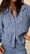 Blue Pointelle Collared Knitted Cardigan