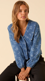 Denim Long Sleeve Floral Printed Blous
