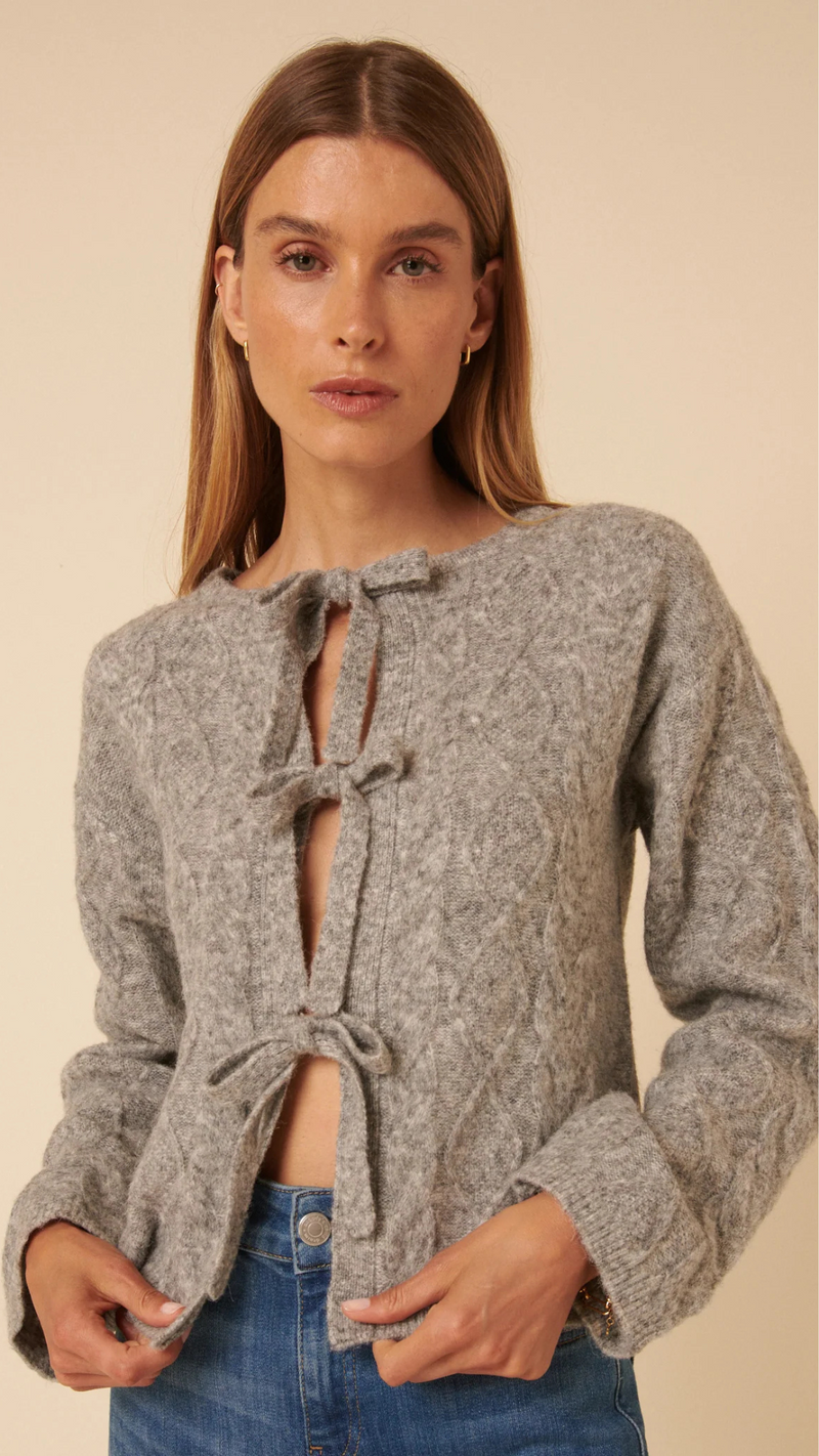 Grey Tie Front Cable Knitted Cardigan