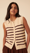 Beige Striped Button Through Knitted Vest