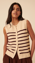 Beige Striped Button Through Knitted Vest