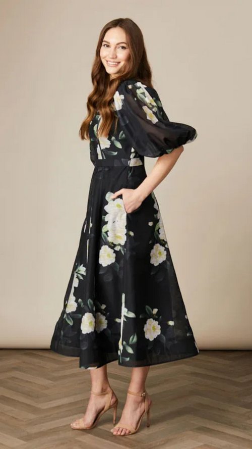 Kate- Pleat Sleeve Printed Dress