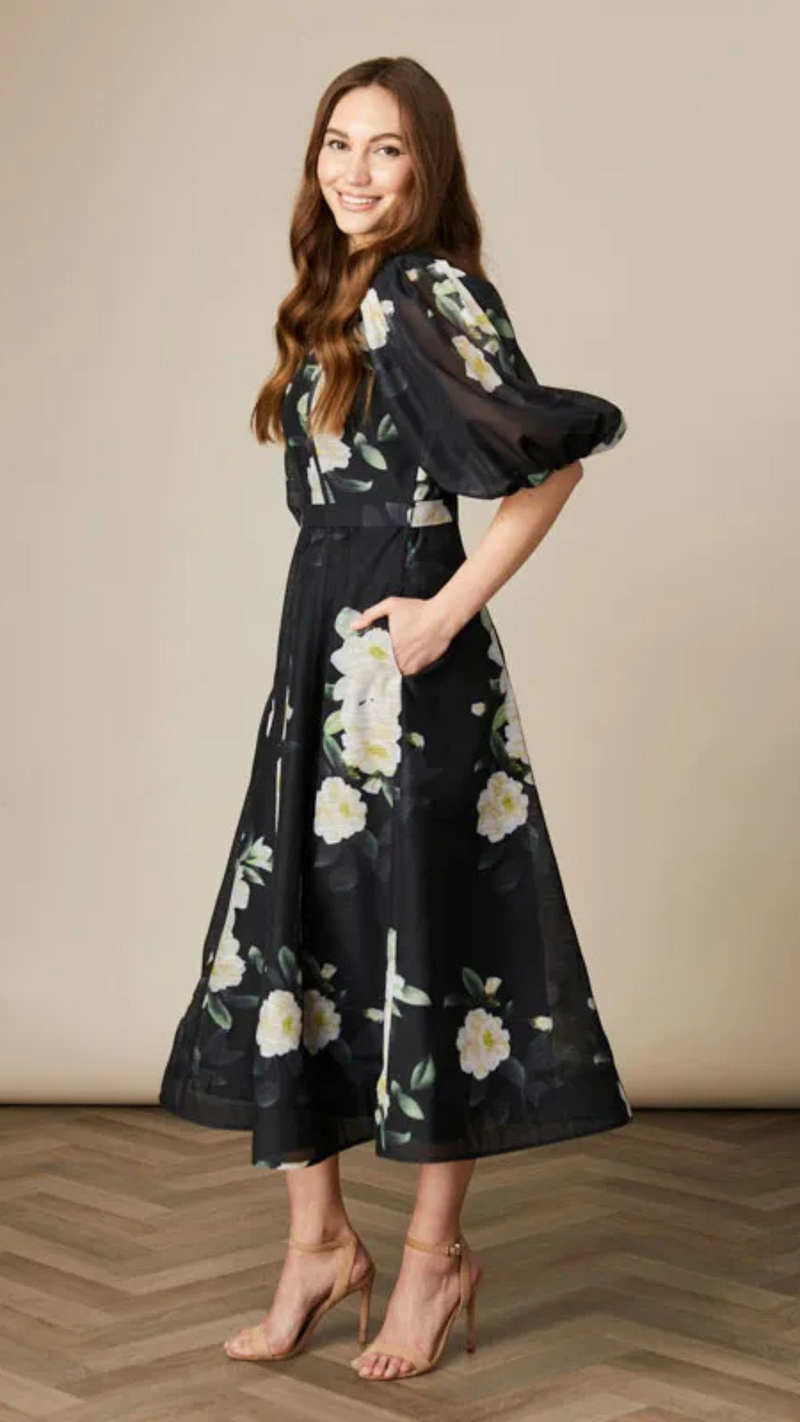 Kate- Pleat Sleeve Printed Dress