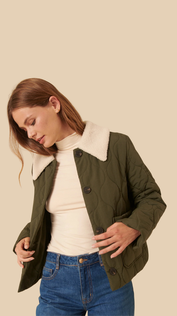 Khaki Quilted Borg Collar Jacket