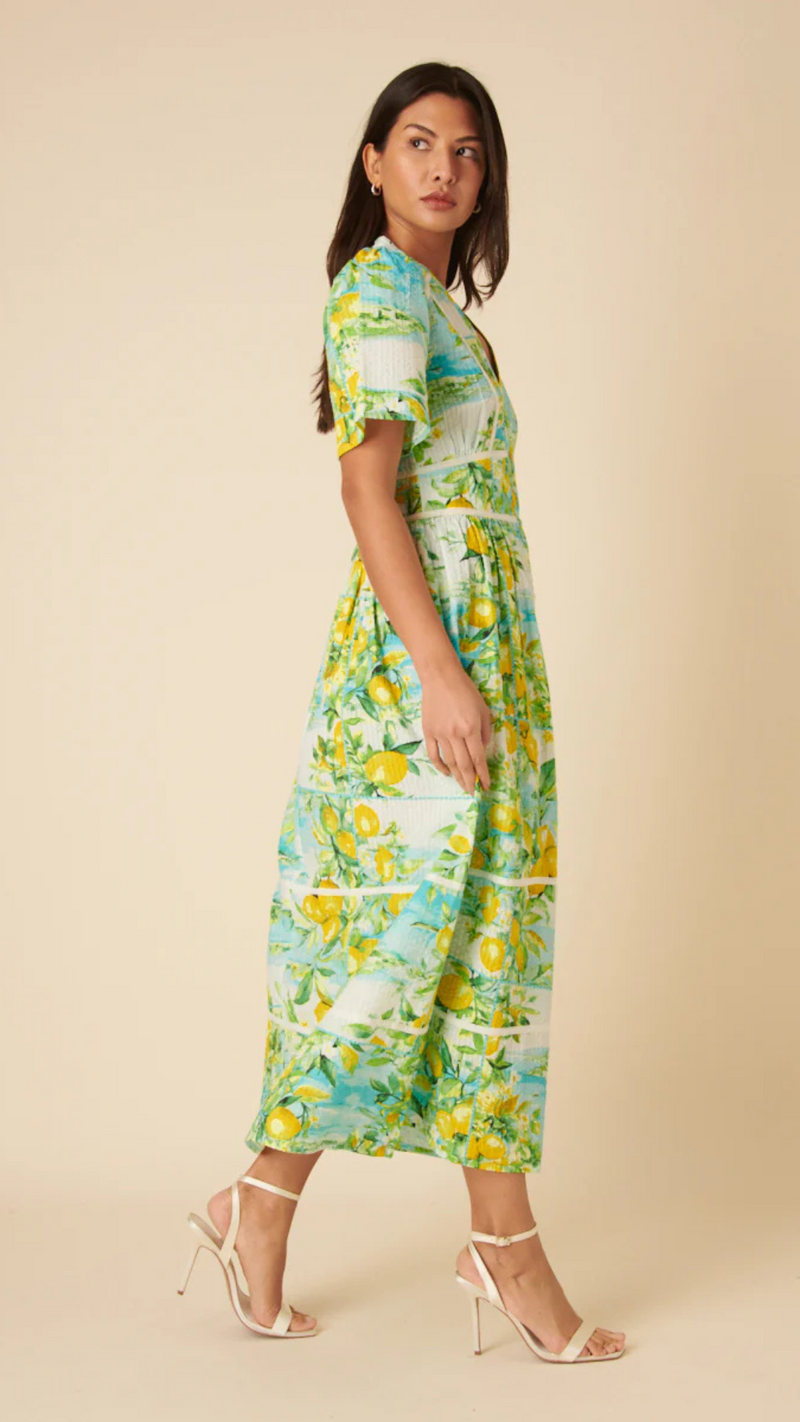 Green Lemon Print Sorcha Midi Dress