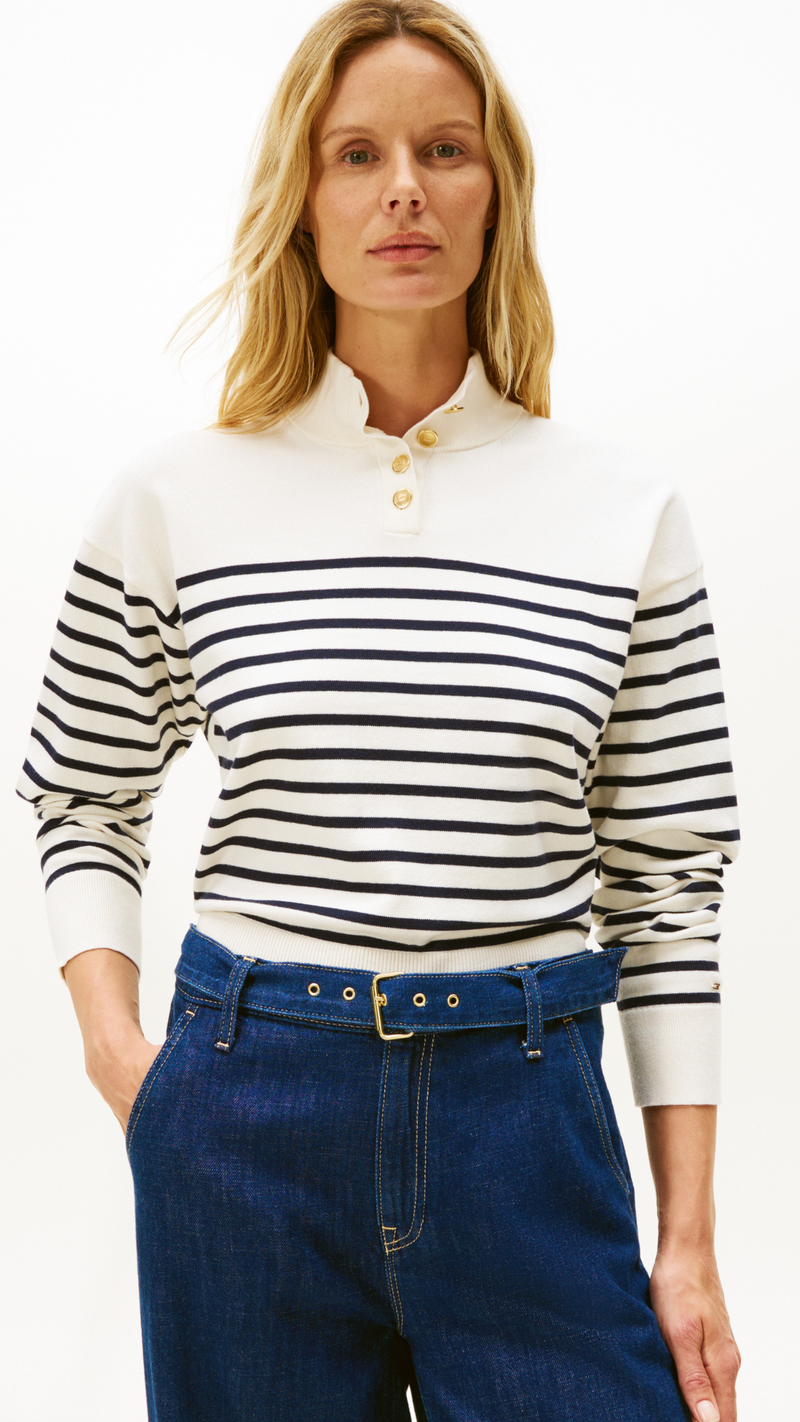 Cotton Jersey Gold Button Mock Sweater