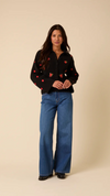 Black Floral Embroidered Collared Cardigan