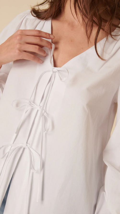 White Tie-Front Long Sleeve Bernadetta Blouse