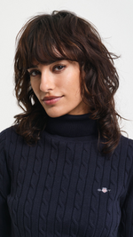 Stretch Cotton Cable Knit Turtleneck Sweater