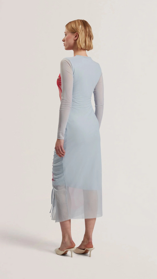 Boxnine- Printed Mesh Gathering Bodycon Midi Dress