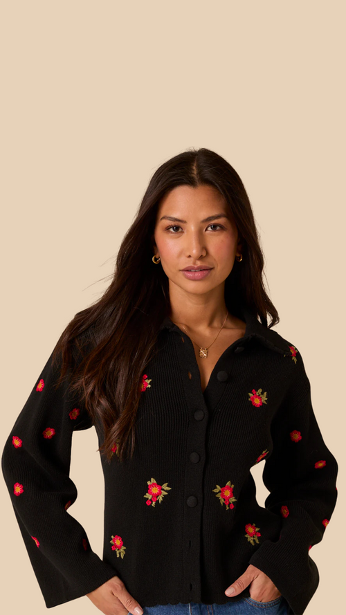 Black Floral Embroidered Collared Cardigan