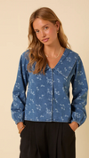 Denim Long Sleeve Floral Printed Blous