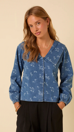 Denim Long Sleeve Floral Printed Blous