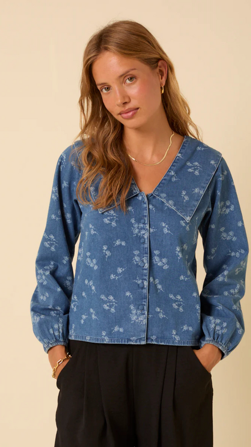 Denim Long Sleeve Floral Printed Blous