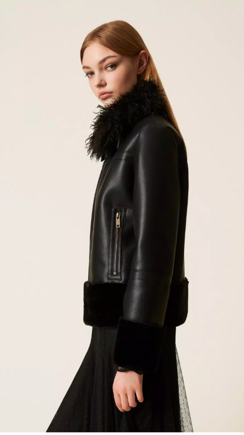 Faux leather jacket with faux fur