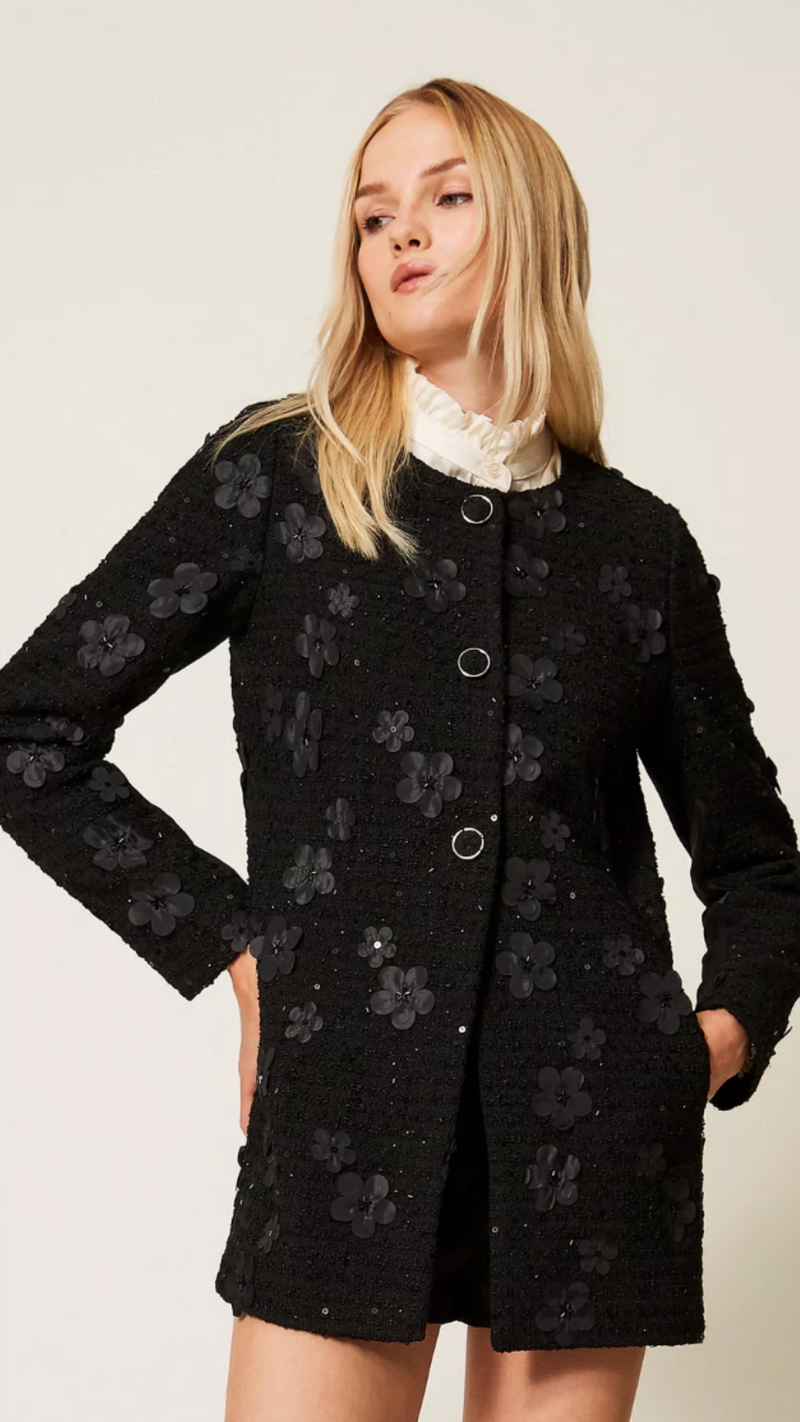 Bouclé coat with flowers and sequins