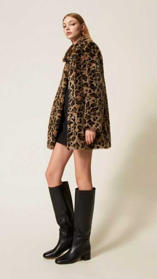 Animal print faux fur coat
