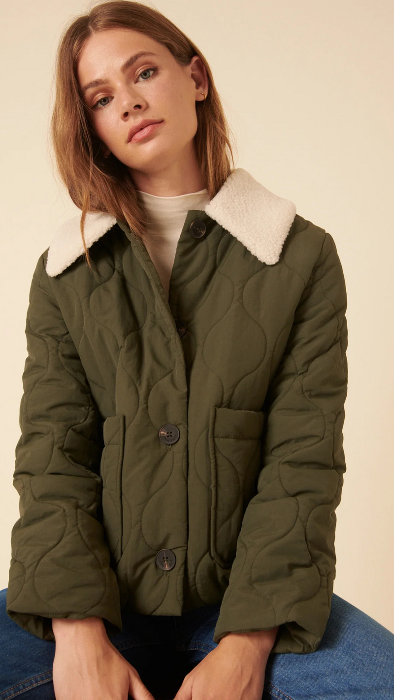 Khaki Quilted Borg Collar Jacket