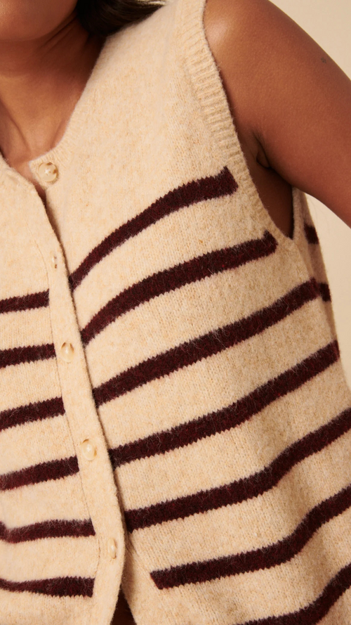 Beige Striped Button Through Knitted Vest