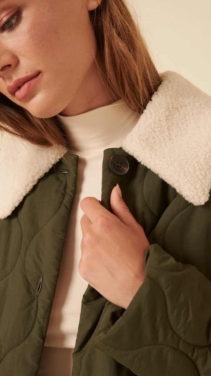 Khaki Quilted Borg Collar Jacket