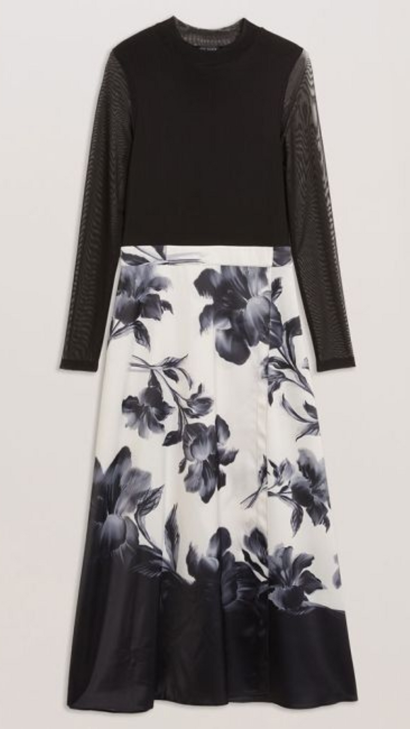 Selnaa Mesh Top Printed Skirt Midi Dress