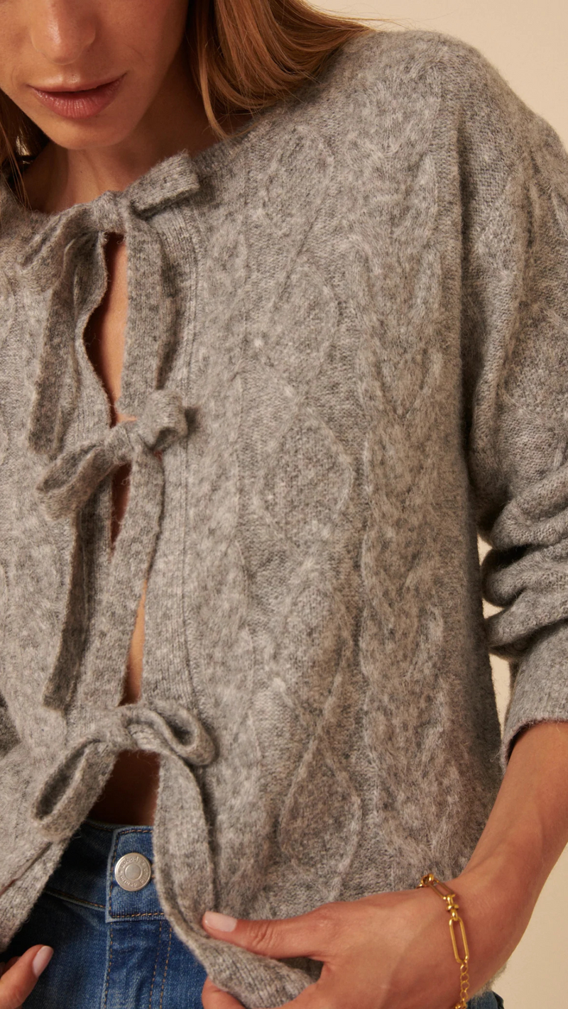 Grey Tie Front Cable Knitted Cardigan
