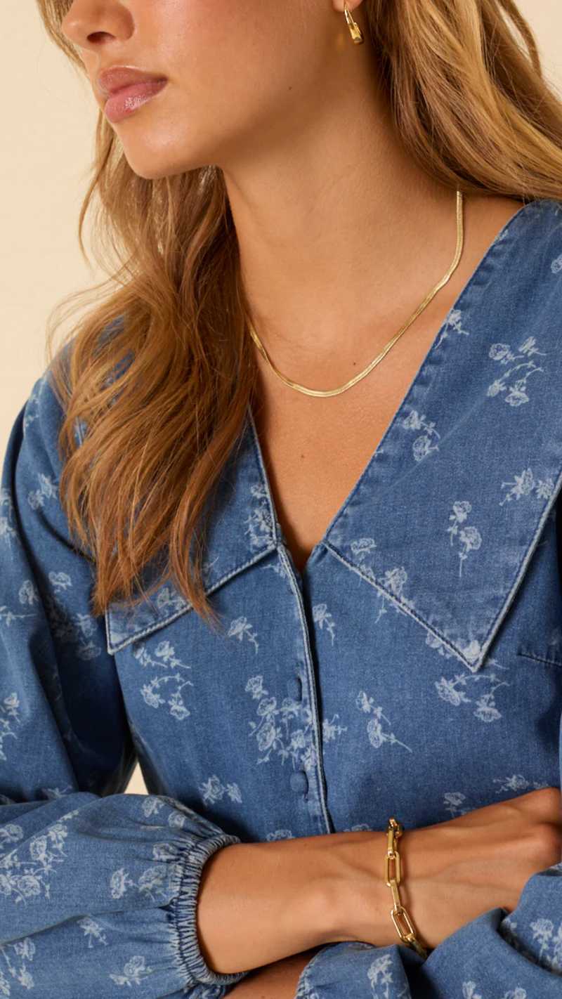 Denim Long Sleeve Floral Printed Blous