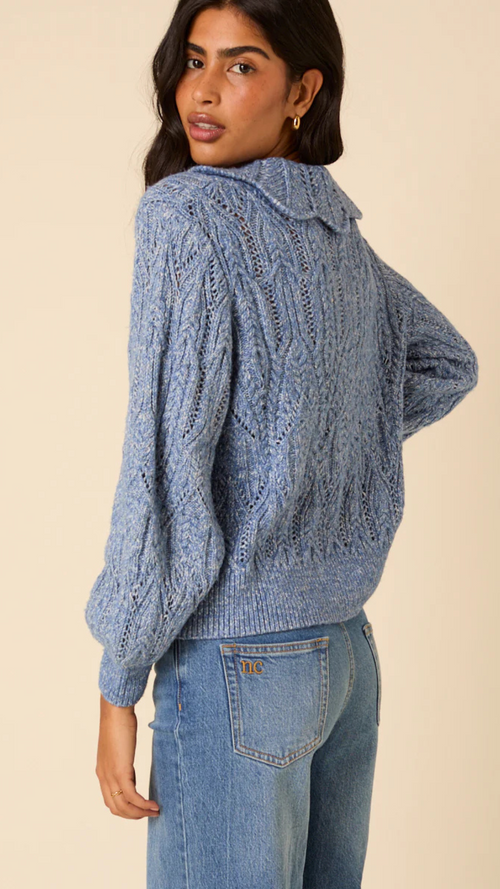 Blue Pointelle Collared Knitted Cardigan
