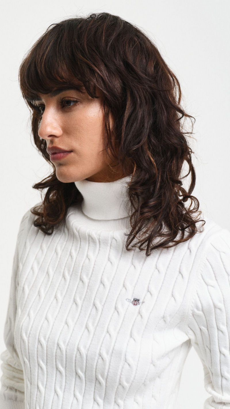 Stretch Cotton Cable Knit Turtleneck Sweater