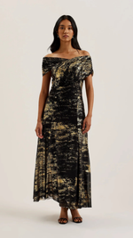 Serinha Bardot Foil Printed Midi Dress