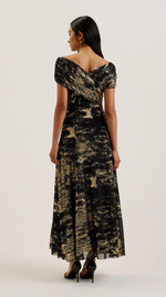 Serinha Bardot Foil Printed Midi Dress