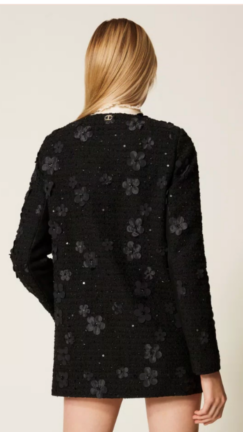 Bouclé coat with flowers and sequins