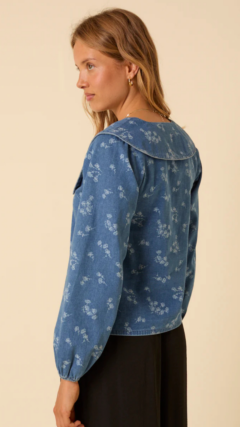Denim Long Sleeve Floral Printed Blous