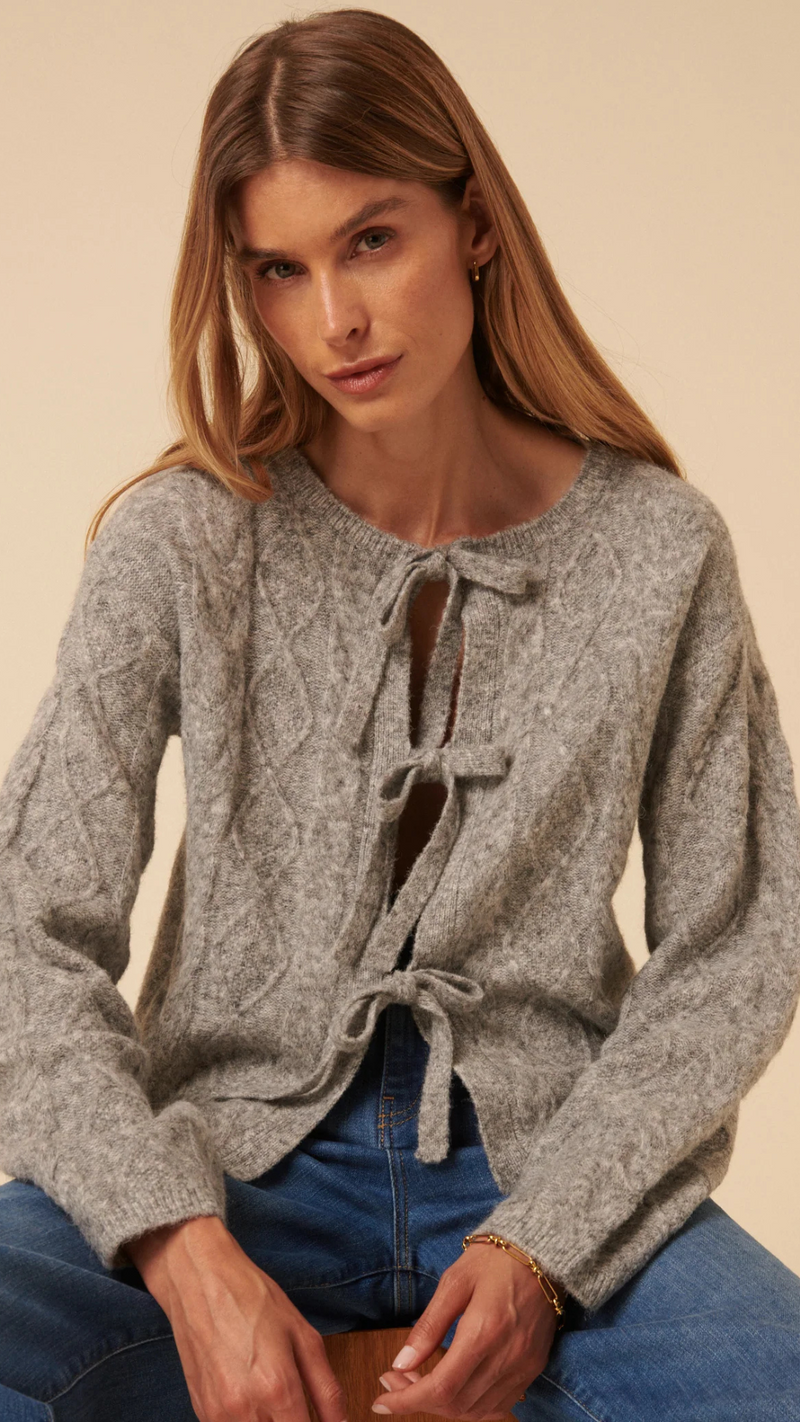 Grey Tie Front Cable Knitted Cardigan