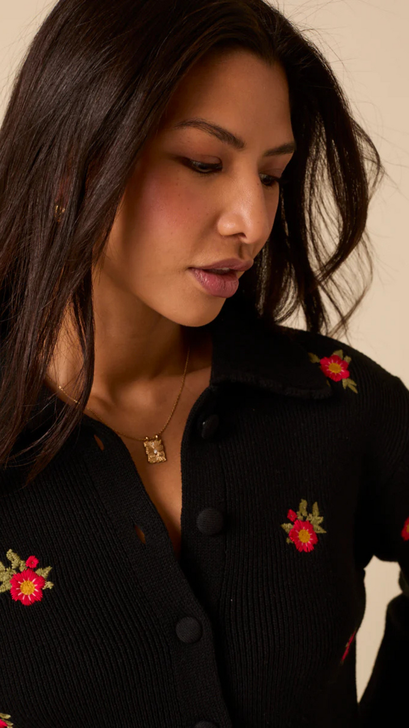 Black Floral Embroidered Collared Cardigan