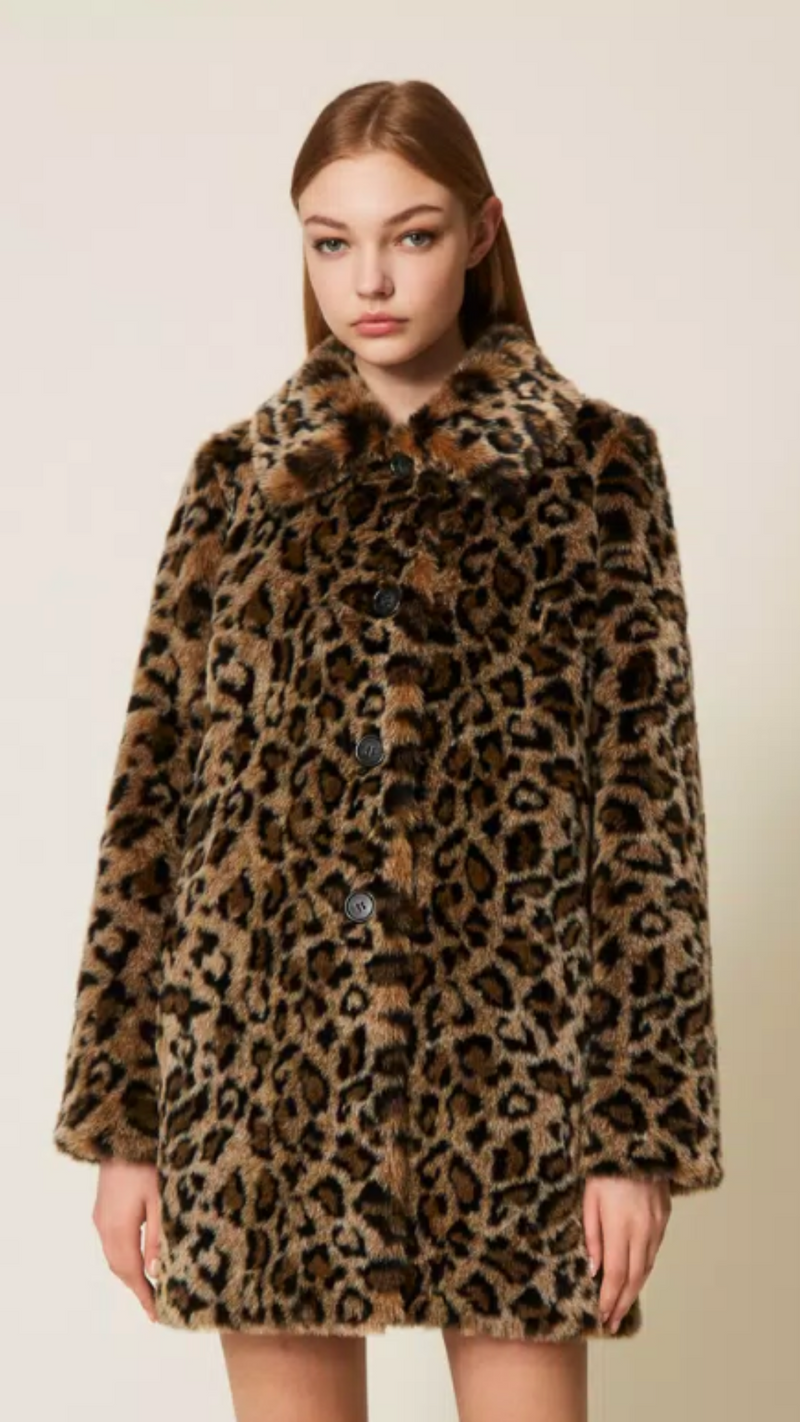 Animal print faux fur coat