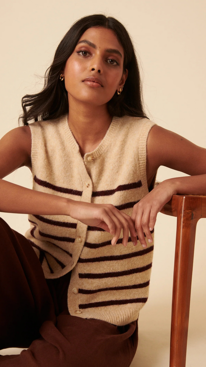 Beige Striped Button Through Knitted Vest