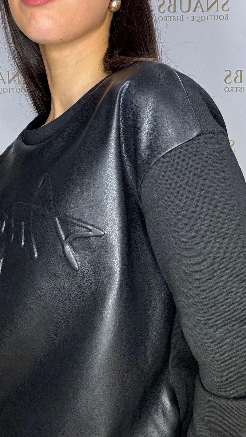 Vegan Leather Sweatshirt with Jersey Sleeves