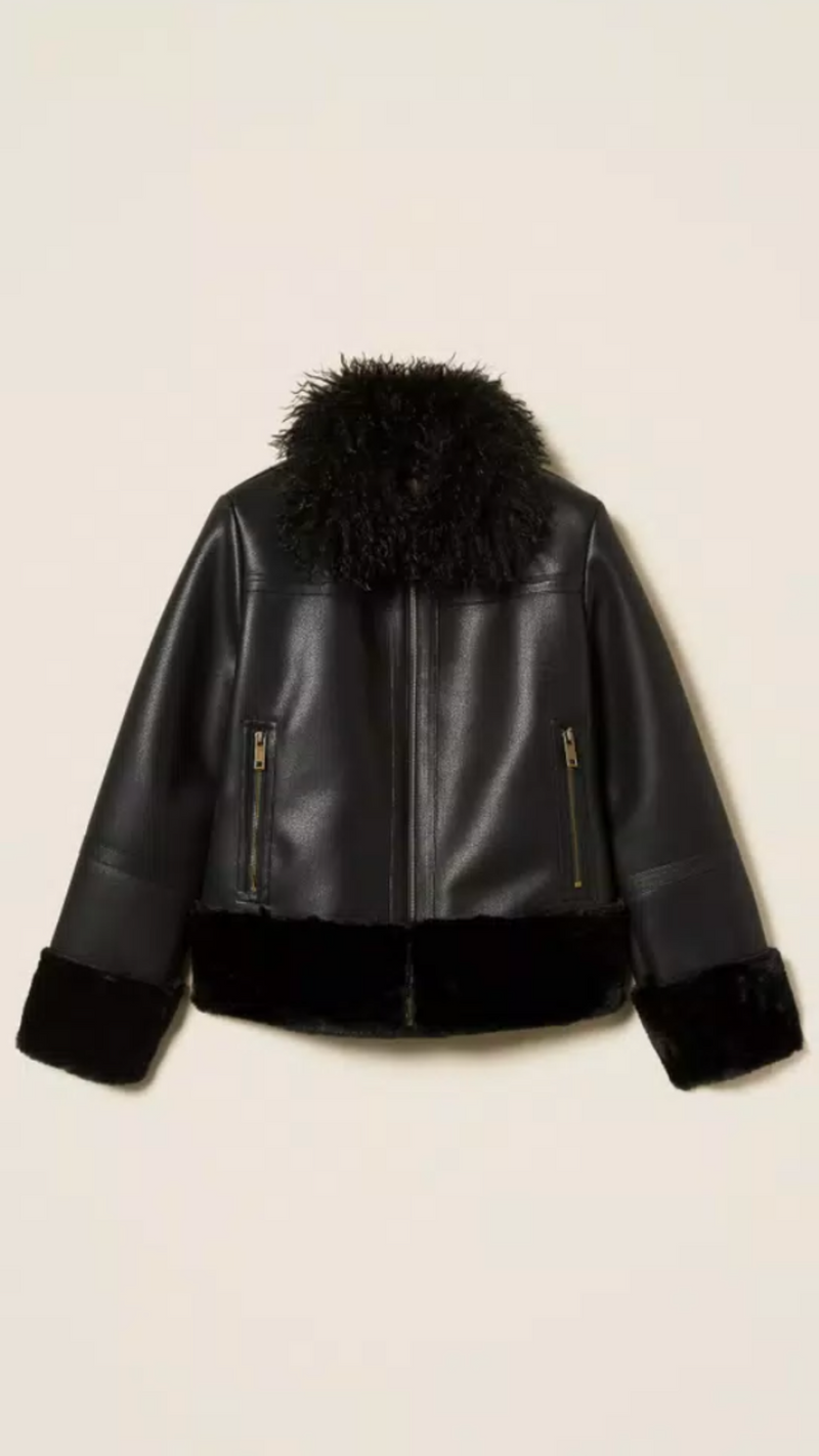 Faux leather jacket with faux fur