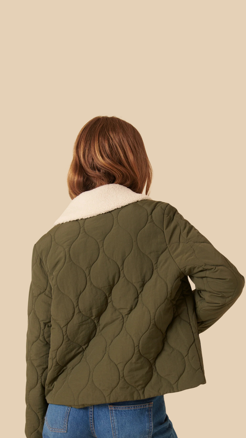 Khaki Quilted Borg Collar Jacket