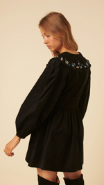 Black Floral Embroidered Cord Birdie Mini Dress