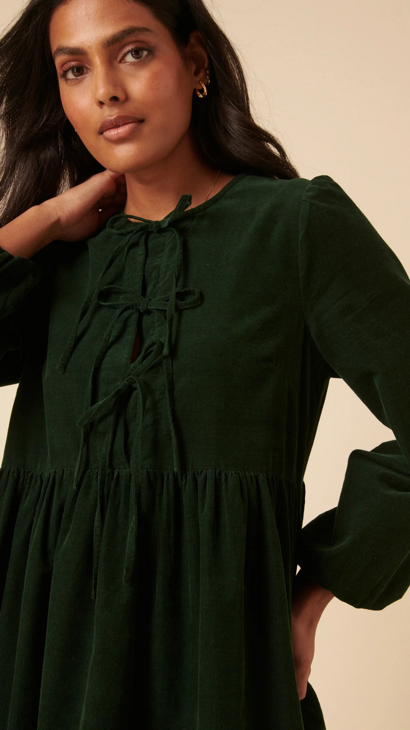 Green Embroidered Tie-front Cord Eden Mini Dress