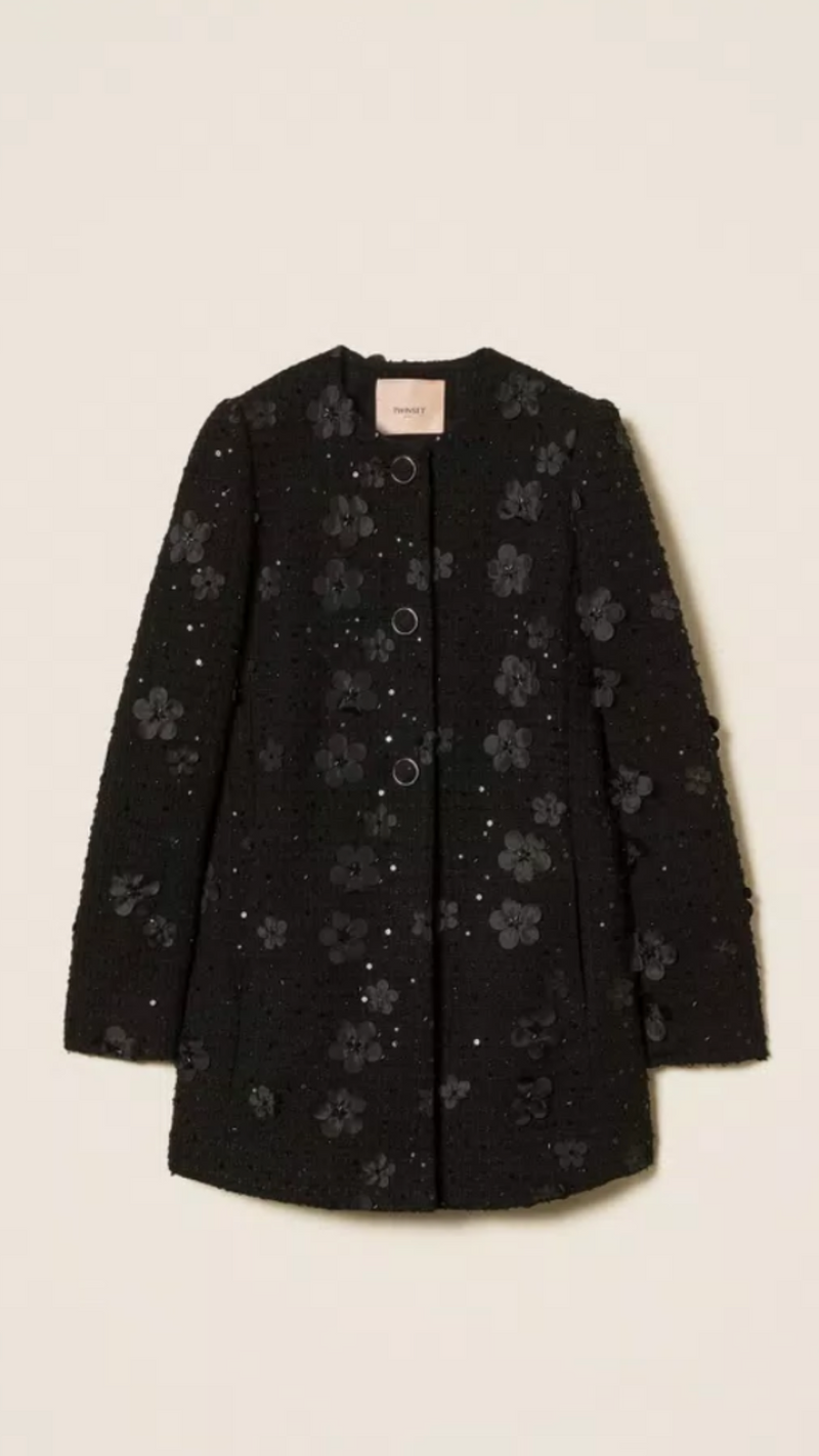 Bouclé coat with flowers and sequins
