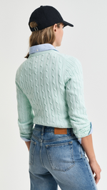 Stretch Cotton Cable Knit Crew Neck Sweater