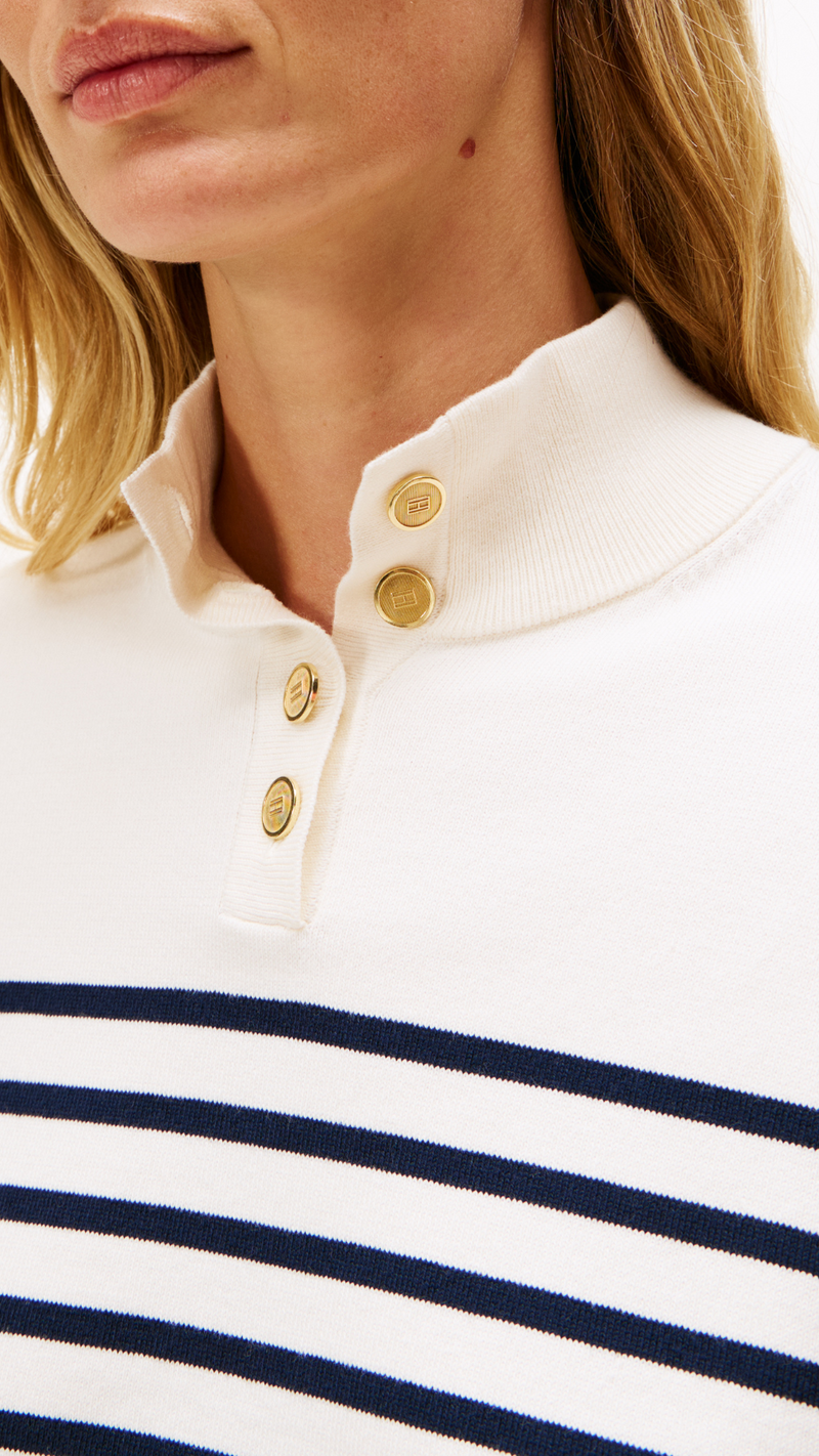 Cotton Jersey Gold Button Mock Sweater