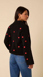 Black Floral Embroidered Collared Cardigan